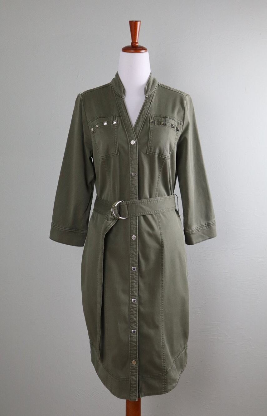 WHITE HOUSE BLACK MARKET NWT Utility Belted Shirt Dress in Olive Size 6